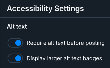 A screenshot of the Bluesky accessibility settings page, highlighting the “Require alt text before posting” option.